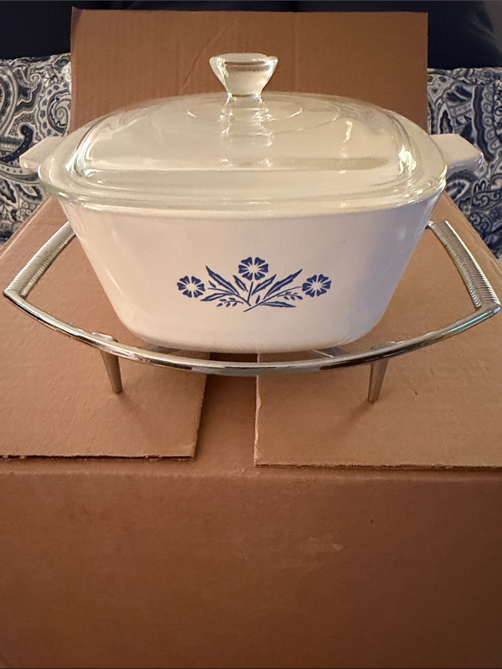 Corningware White Casserole with Blue Floral Cornflower Pattern and Glass Lid
